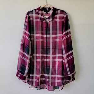 Lane Bryant Womens Purple White Plaid Sheer Button Up Tunic Shirt Size 26/28